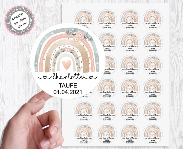 zuckersüßer Sticker Aufkleber "Taufe " 24 Stück 4cm Regenbogen Blume personalisiert Aktiv von Lüttentüddel® -